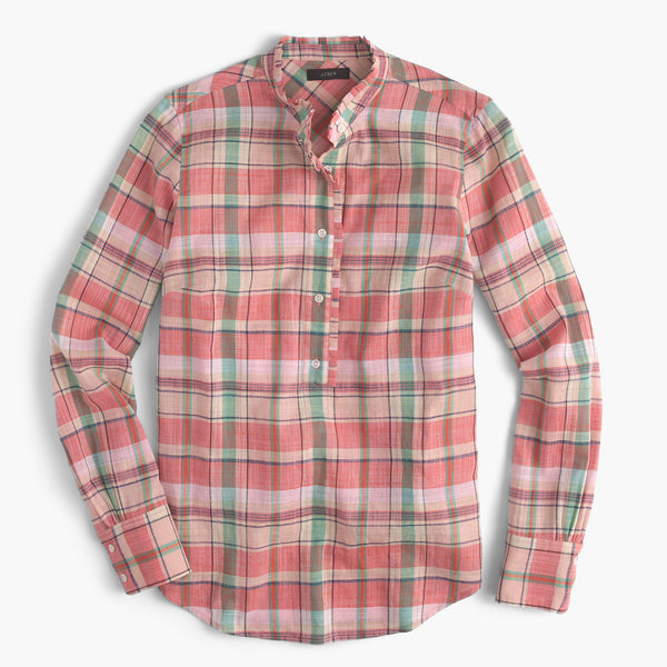 Ruffle popover shirt in melon plaid