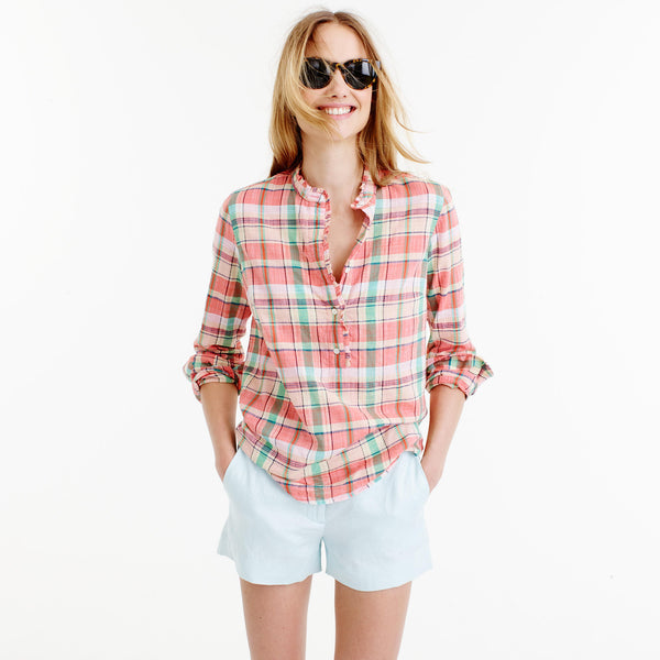 Ruffle popover shirt in melon plaid