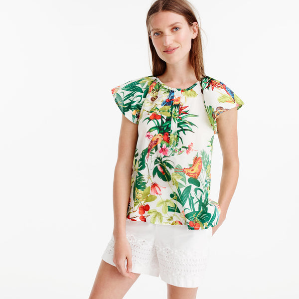 Ruffle-sleeve top in Ratti® Into the Wild print