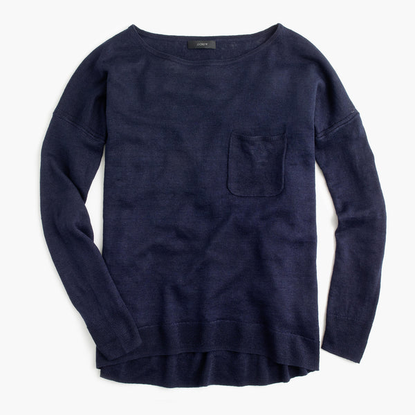 Yarn-dyed linen pocket crewneck sweater