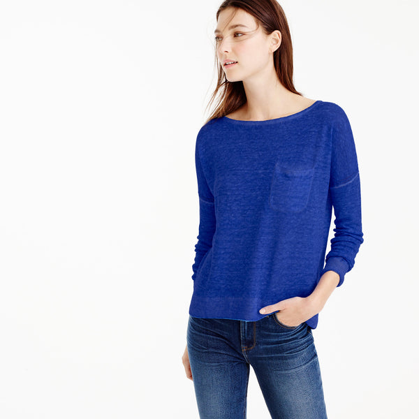 Yarn-dyed linen pocket crewneck sweater